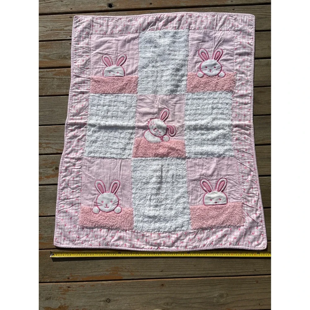 Handmade Pink Gingham Bunny Patchwork Baby Quilt Floral Embroidered Blanket